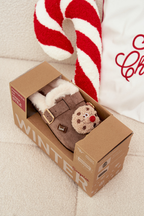 Dámské pantofle s ozdobami a přezkou vyhřívané kožešinou hnědé Thalora