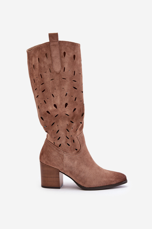 Eko Semišové Kozačky Na Podpatku S Vyřezávaným Vzorem Tmavě Béžové Vinceza 58344