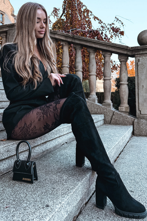 Dámské kozačky nad koleno na klíně ekologická semišová černá Tahlina