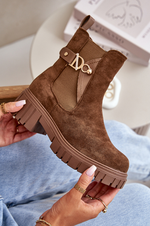 Zateplené dámské boty se zlatým detailem eko semišové hnědé Bervena