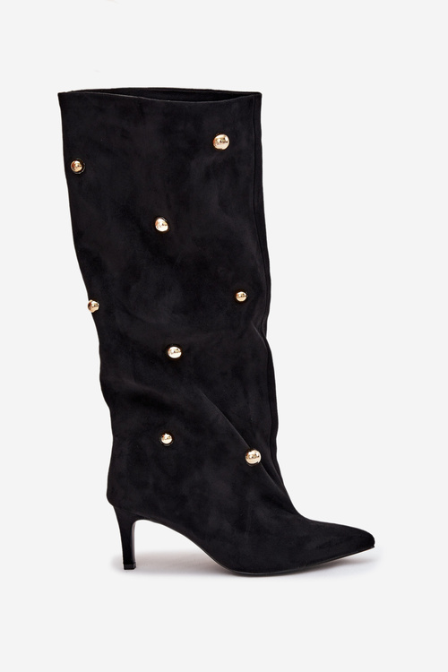 Nazouvací dámské kozačky na podpatku se zlatými ozdobami Černé Thaliane