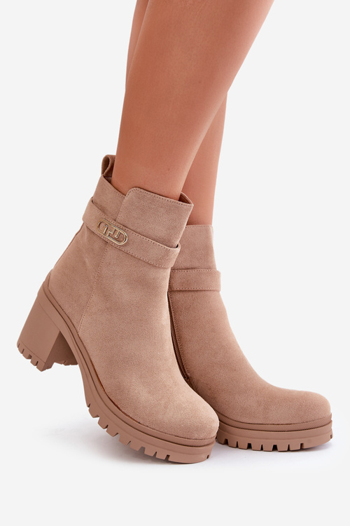 Dámské botky na podpatku eko zamšové zateplené na zip béžové Laonora