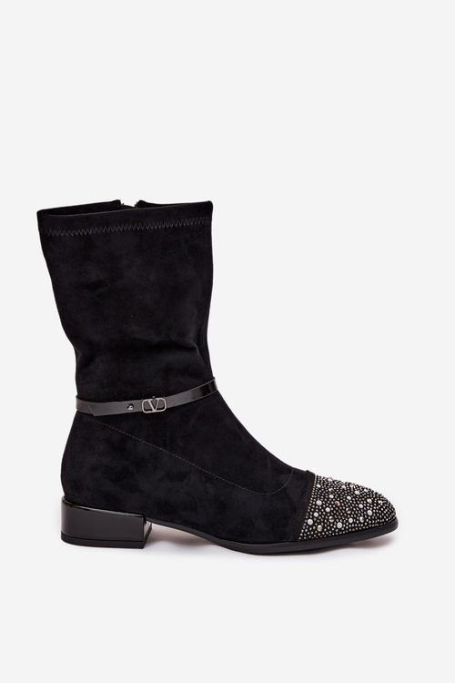 Dámské kotníkové boty na nízkém podpatku s ozdobou a páskem D&A MR52-165 Černé