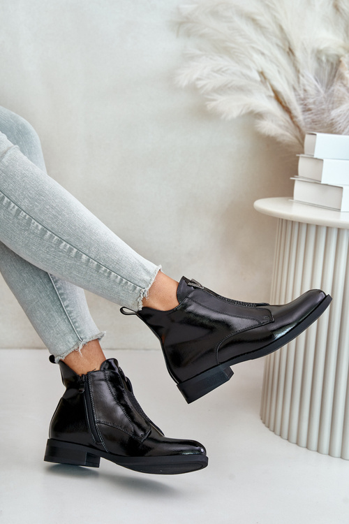 Lakované Nízké Boty Dámské Na Plochém Podpatku Zateplené Černé S.Barski HY42-120 Černé