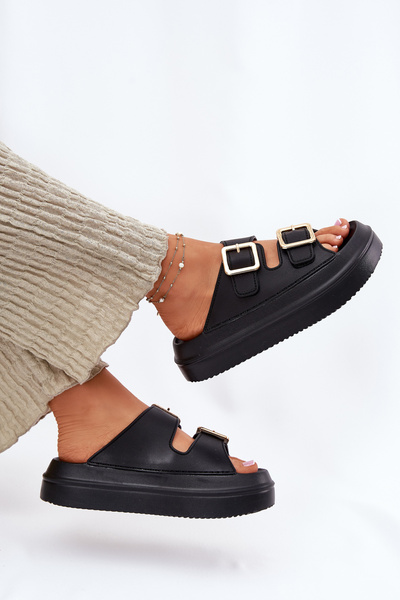 Dámske Sandále Na Platforme So Zlatými Sponami Čierne Zorila