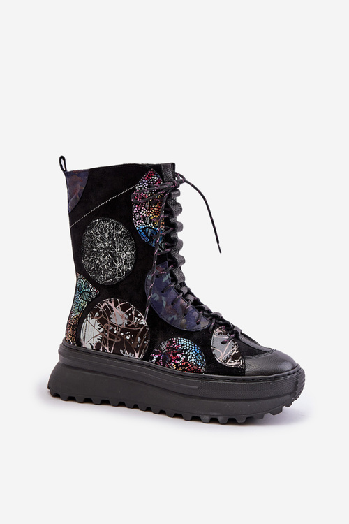 Kožené semišové boty na platformě zateplené černé 06565-01