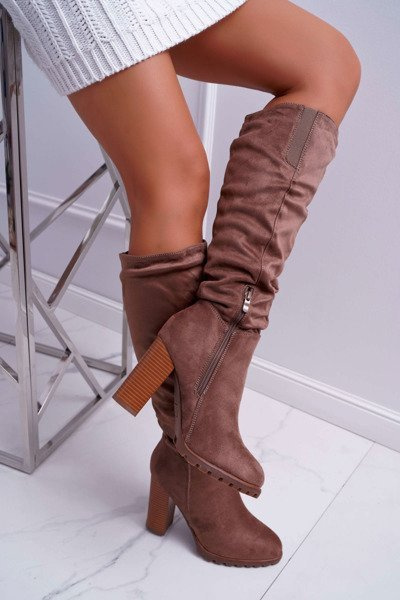 Dámské Kozačky Na Vysokém Podpatku Semišové Khaki Marion