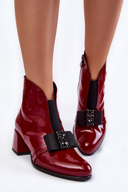 Lakované kozačky na vysokých podpatcích s ozdobnou mašlí Vínové barvy Hallie