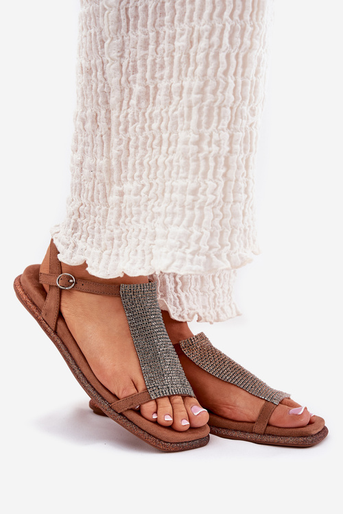 Ploché Elegantné Dámske Sandále S Kryštálmi Artiker 56C1365 Hnedé