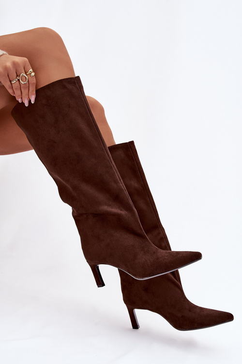 Dámské kozačky z eko semiše nazouvací na podpatku čokoládové Phelin