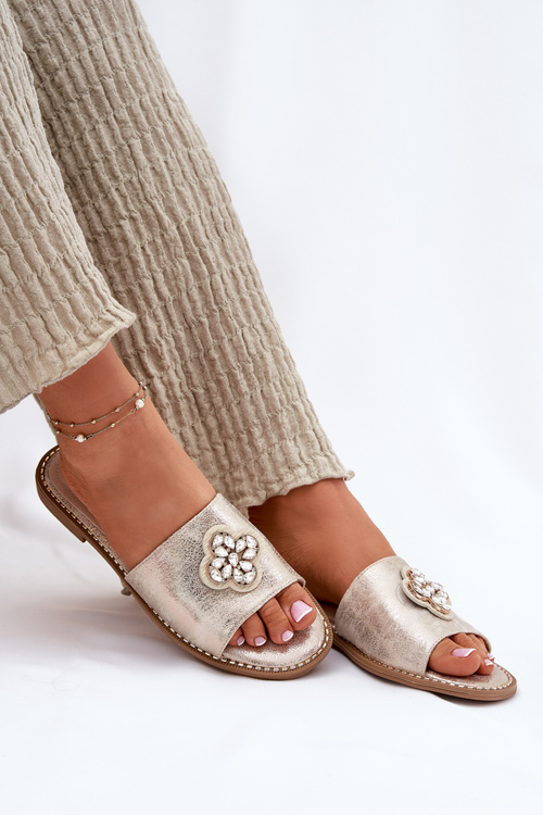 Dámské Pantofle Na Plochém Podpatku S Ozdobným Detalem S.Barski KV51-087 Zlaté