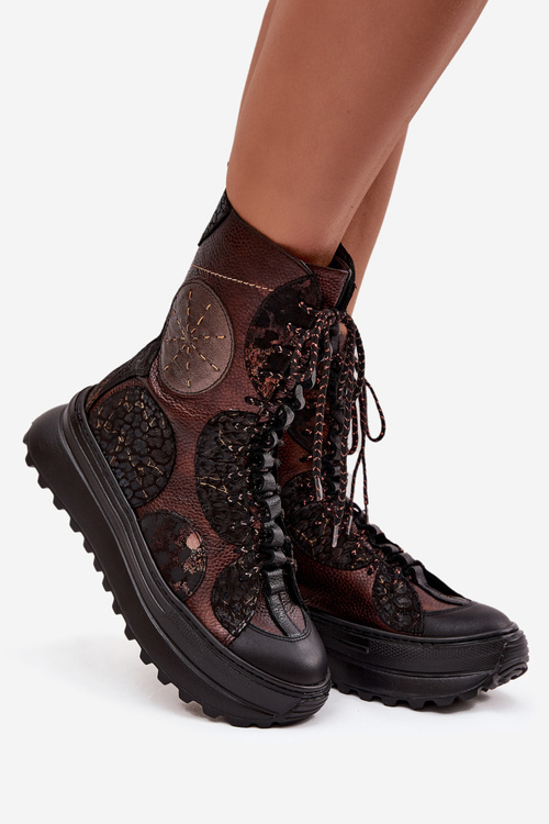 Kožené členkové topánky na platforme s podšívkou Maciejka 06565-02 hnedo-zlaté