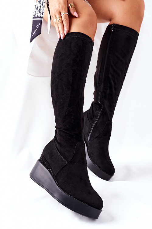 S. Barski Černé Semišové Kozačky na podpatku Celina