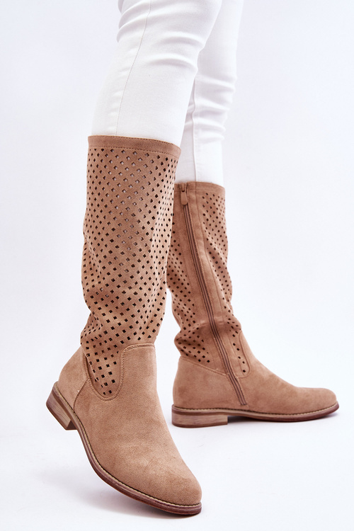 Dámské semišové prolamované kozačky nad kolena Béžove Savannah