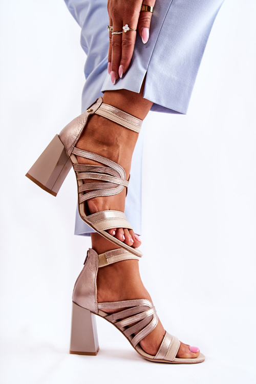 Dámske kožené sandále na masívnom post Maciejka 05514-04 béžový zlatý