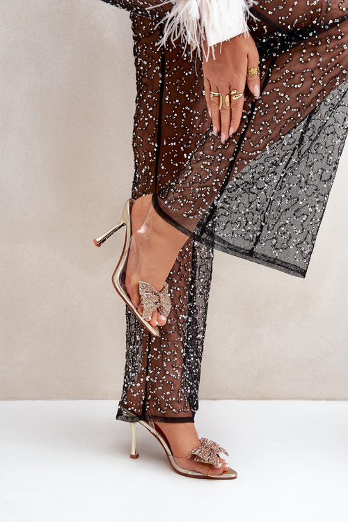 Priehľadné Sandále Na Opätku S Lesklou Mašľou Zlaté Viosta