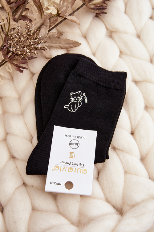Dámské hladké černé ponožky s kočičkou