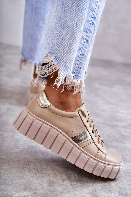 Dámska kožená športová topánka zviazaná béžová zlatá ariva