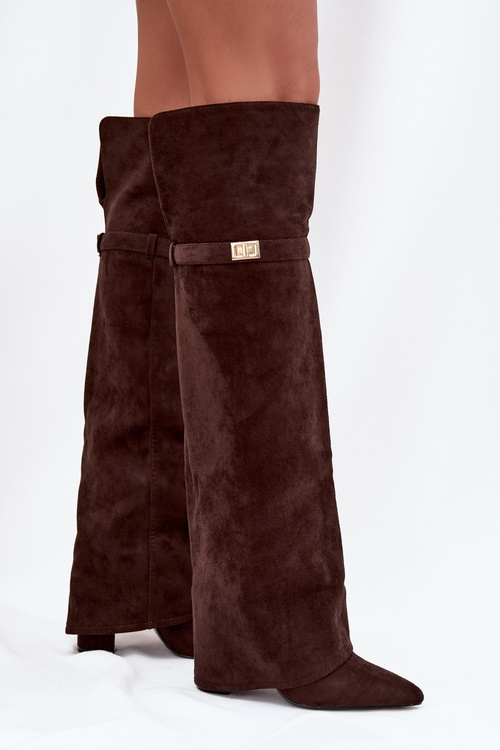 Zateplené čižmy s preklopeným horným lemom Nad koleno blok päta čokoládové Serelle