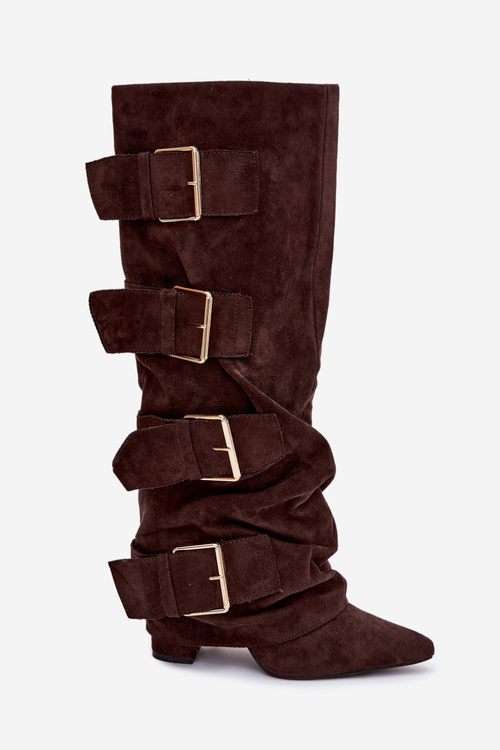 Dámske čižmy na podpätku s ohnutým horným lemem a zlatými sponami Eco semiš čokoládové Isavelle