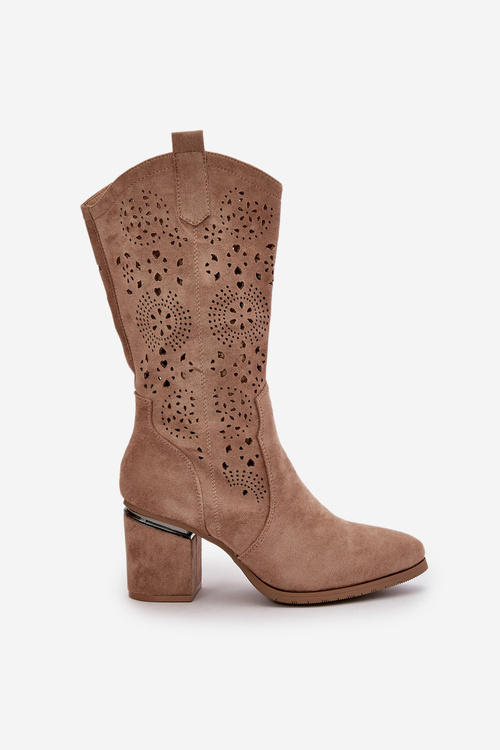 Dámske Krajkové Kozačky Na Blokovom Opätku Eko Semiš Béžové S.Barski HY42-028