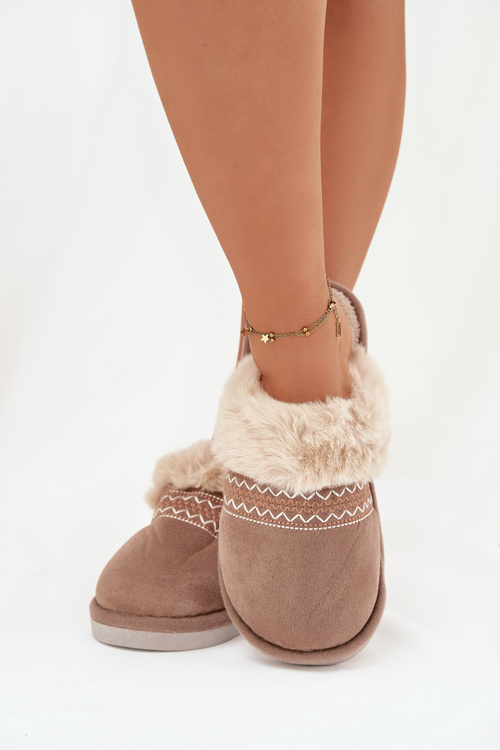 Dámské pantofle s kožíškem a výšivkou Khaki Devianne