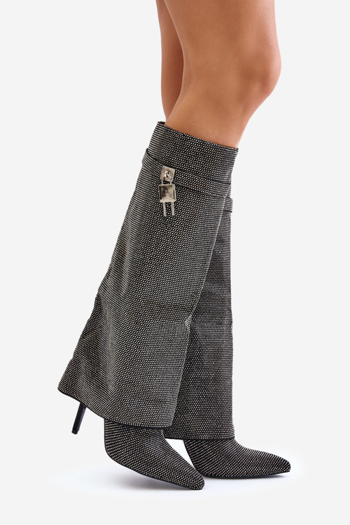 Zdobené nazúvacie kozačky na ihlovom podpätku s prevráteným zvrškom čierne Enathlin