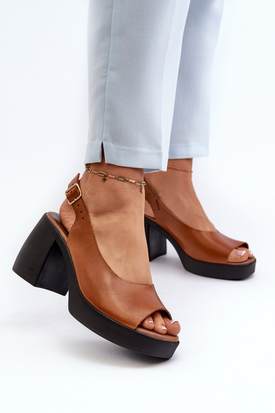 Zazoo 40376 Kožené Sandále Na Masívnom Opätku Hnedé