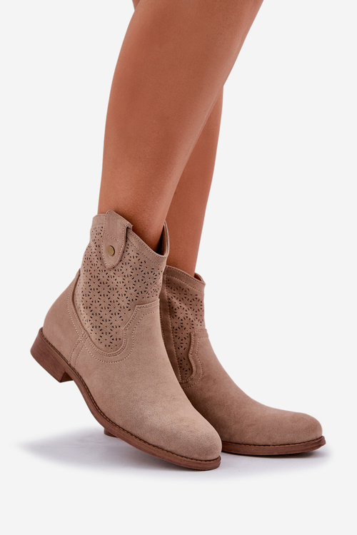 Dierované Členkové Topánky Na Ploškom Opätku S.Barski HY51-063 Béžové