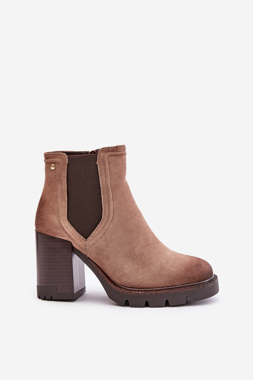 Zateplené dámské botky na podpatku z eko semiše béžové Vinceza 58356