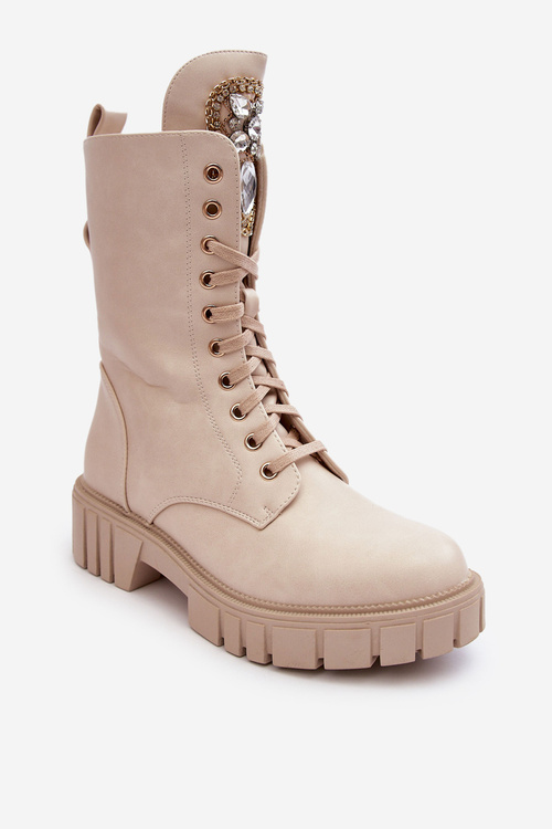 Kůže Botky Workery s Bižuterní Ozdobou Bežové Marx