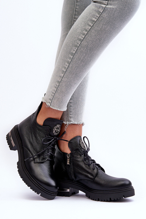 Zazoo 60309 Dámské Kožené Boty Na Plochém Podpatku Černé