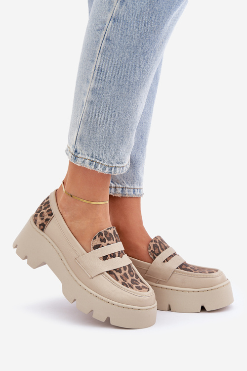 Dámské Kožené Mokasíny Na Platformě A Ploché Podpatky Leopardí Světle Béžové Zazoo 20191