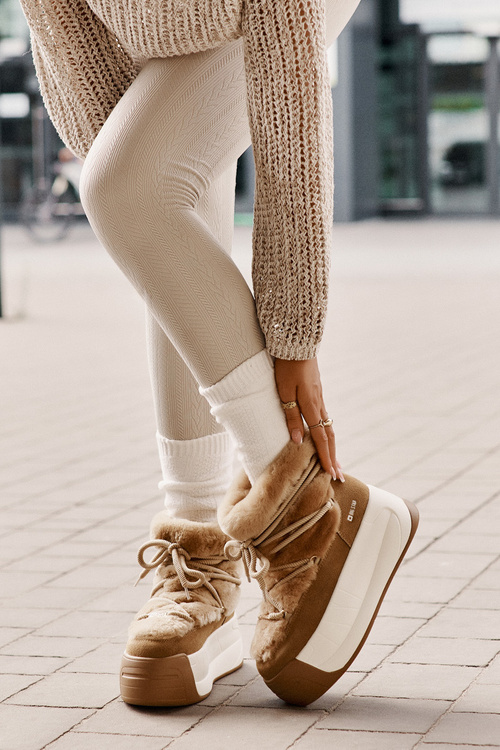 Kožené Dámske Snehové Topánky Na Hrubej Podešvi S Kožúškom Big Star OO274A207 Hnedé