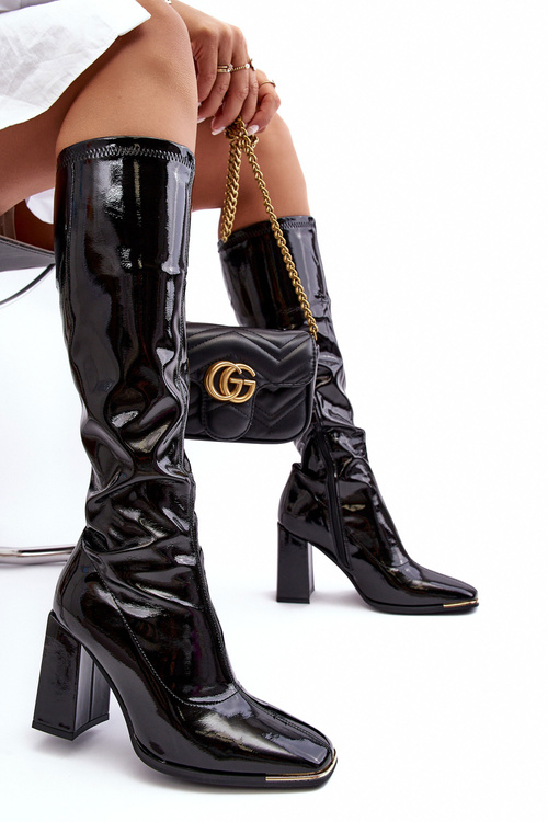Lakované koleno vysoké boty na podpatku černé Mlokva