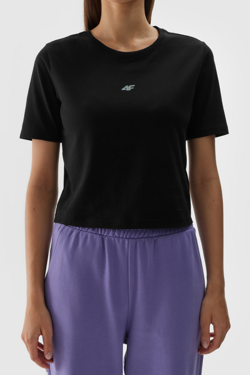 Dámské Bavlněné Tričko Slim Cropped 4F Černé 4FWAW24TTSHF1701-20S