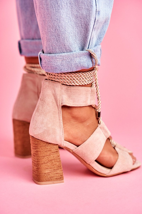 Dámské Sandály Na Podpatku Šněrované Semišové Béžové Amore