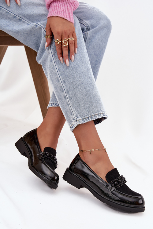 Dámske lakované mokasíny s korálkami S.Barski HY52-541 Čierne