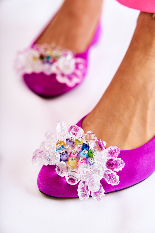 Semišové balerínky na vysokých podpatcích s zdobením tmavě růžovým Elena