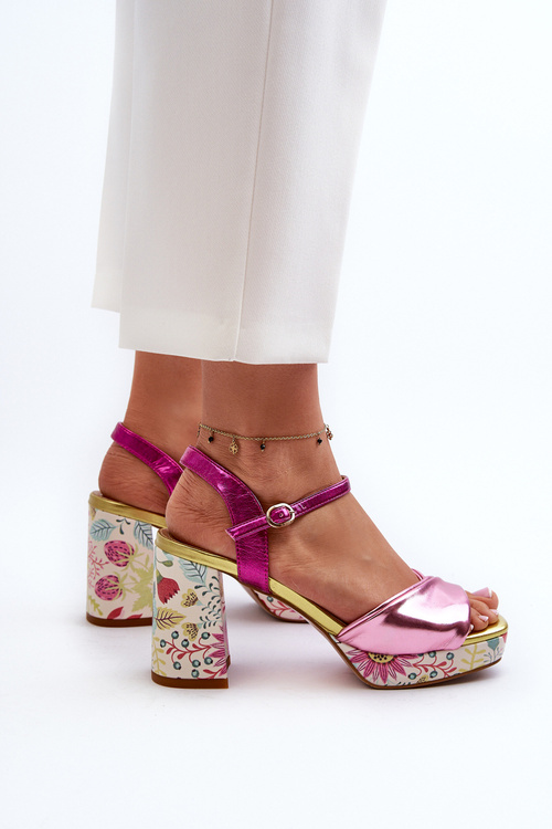 Dámske sandále na opätku s kvetinovým vzorom D&A CR980 Ružové