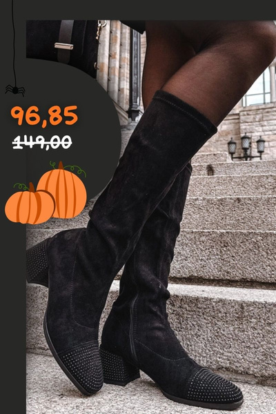 Dámske čižmy s ozdobou na bloku ekologická semiš Čierne Ivanna