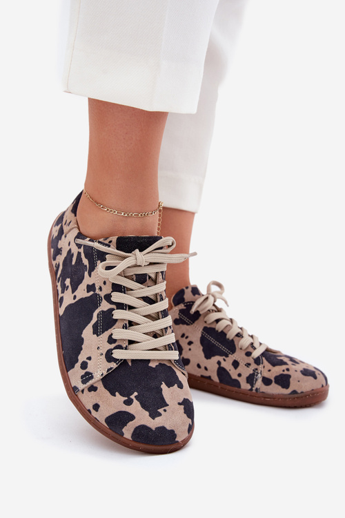 Dámske semišové barefoot tenisky s pruhmi Zazoo N1120 Hnedo-Bežové