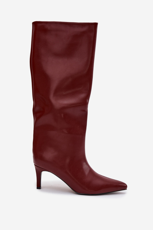 Dámské kozačky na suchý zip s izolací na jehlovém podpatku bordó oliv