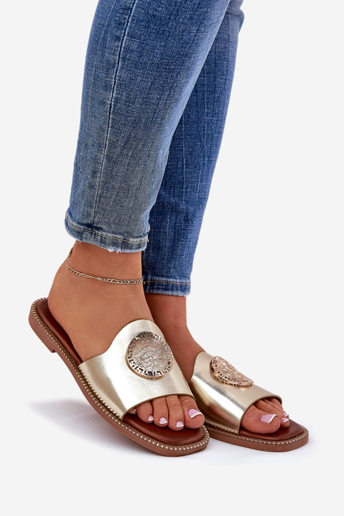 Eko Kožené Šľapky S Ploším Opätkom S Ozdobou Zlaté Tatereia