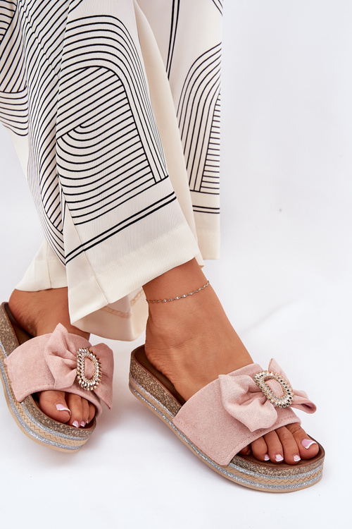 Dámské Pantofle Na Platformě S Mašlí A Ozdobnou Broží Růžové Lenela