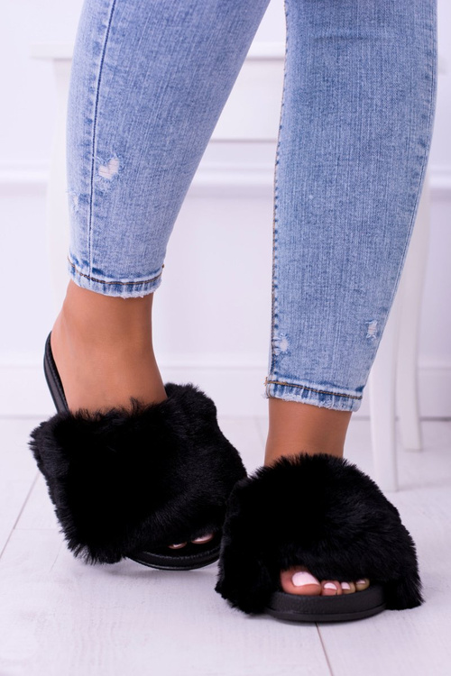 Lu Boo Černé pantofle s kožíškem Maroon FUR XXL