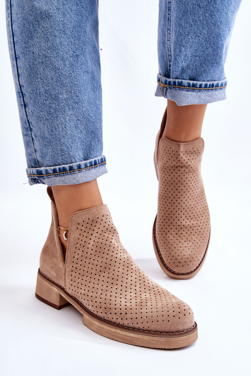 Suede prolamované boty na plochém podpatku tmavě béžová Angie