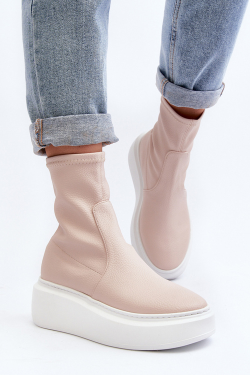 Zazoo 3395 Dámské kožené kotníčkové boty na masivní platformě béžové