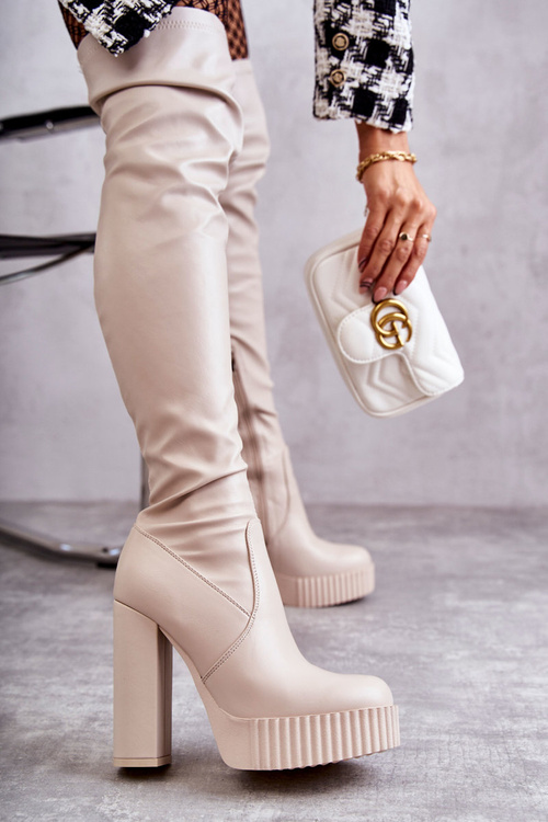 Kožené Vysoké Kozačky Na Platformě Béžové Katrina