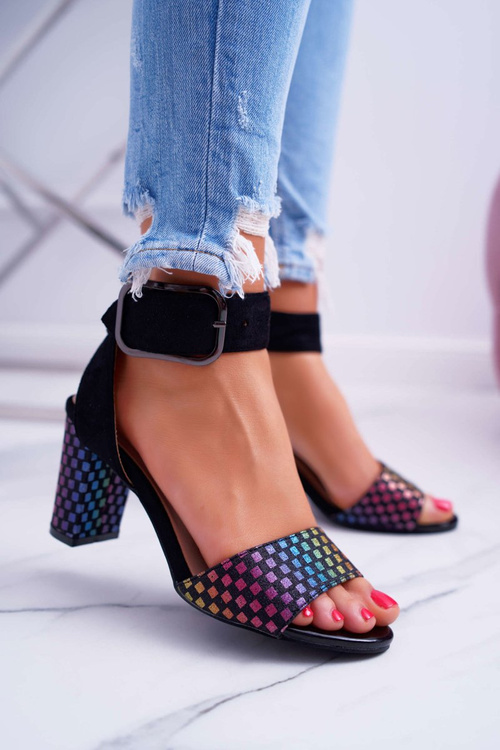 Dámské Sandály Podpatku Semišové Černé Geometric